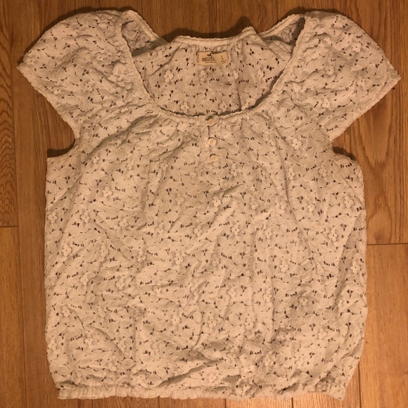 Hollister White Knit Floral Pattern Puff Sleeves Elastic Hem Slight Cropped Top - Picture 4 of 4
